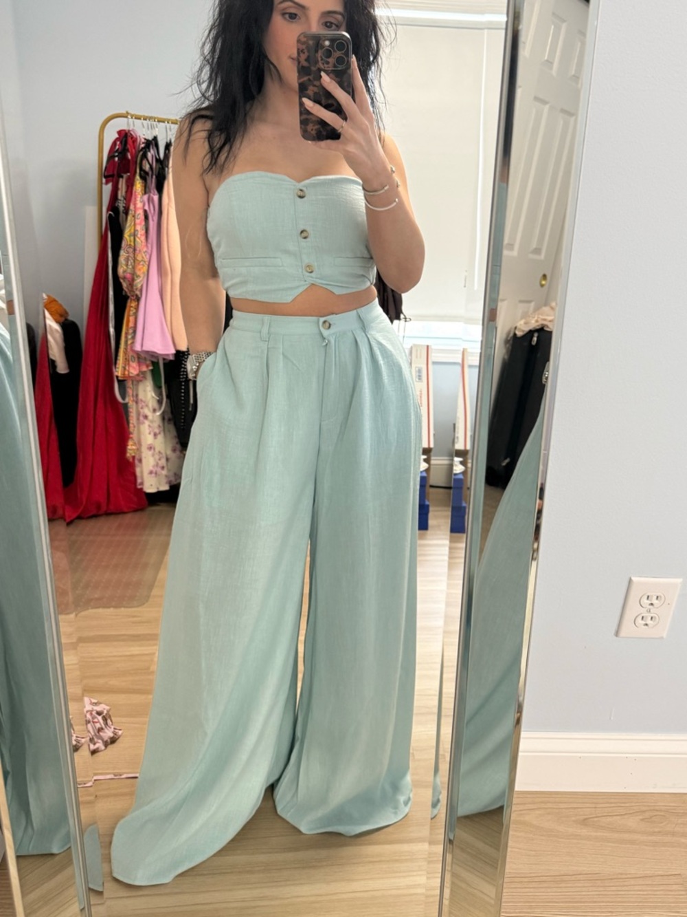 Hyfve Light Blue Wide-Leg Linen Blend Pants with Matching Crop Top Set NWOT